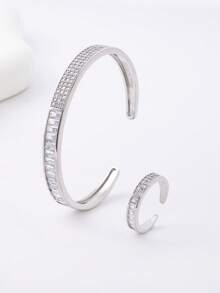 Japanese Style Elegant Square Rhinestone Open Bangle & Ring Set, Minimalist Timeless Design, Daily Wear & Travel Decorative Jewelry - Japanese Minimalist Style - View 3