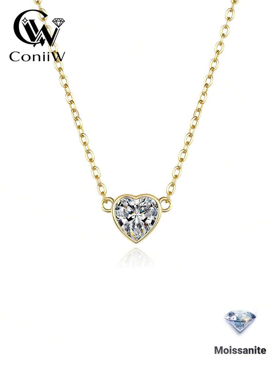 ConiiW A 925 Sterling Silver 1-Carat Heart-Shaped Moissanite Bezel Necklace For Women, Perfect For Everyday Wear, Vacations, And Dates.