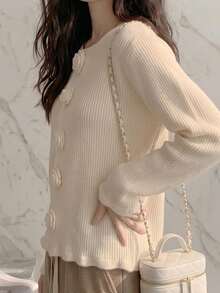 JIANHU Áo khoác cardigan dệt kim tua rua cài cúc họa tiết hoa mùa xuân mới, áo khoác dáng rộng thanh lịch ngọt ngào dành cho nữ, áo len dài tay đa năng. - trắng - Xem 9