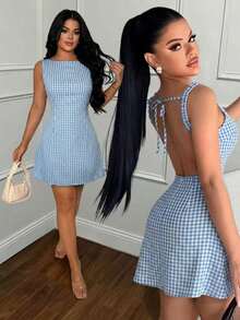 Vestido casual de vacaciones sin mangas con tirantes de amarre y textura de cuadros - azul claro - Ver 1