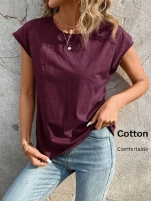 Camiseta de cuello redondo sólida, casual para el verano - Morado Violeta - Ver 1