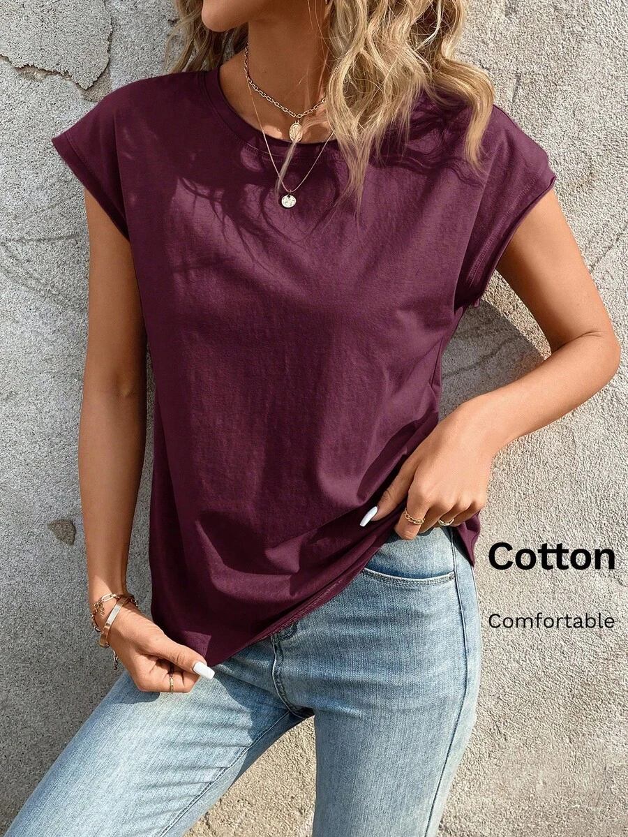 Camiseta de cuello redondo sólida, casual para el verano - Morado Violeta - Ver 1