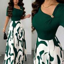 WNS  Elenzya Vestido de línea A con cintura ceñida, cuello en V, con patrón abstracto en blanco y negro y decoración de hebilla de metal, elegante para uso diario, vacaciones, viajes, San Valentín, citas, ropa de calle, fiestas, principios de primavera/primavera-verano - Verde Oscuro - Ver 1