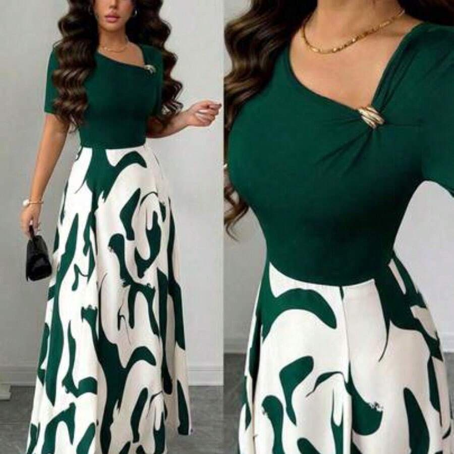 WNS  Elenzya Vestido de línea A con cintura ceñida, cuello en V, con patrón abstracto en blanco y negro y decoración de hebilla de metal, elegante para uso diario, vacaciones, viajes, San Valentín, citas, ropa de calle, fiestas, principios de primavera/primavera-verano - Verde Oscuro - Ver 1