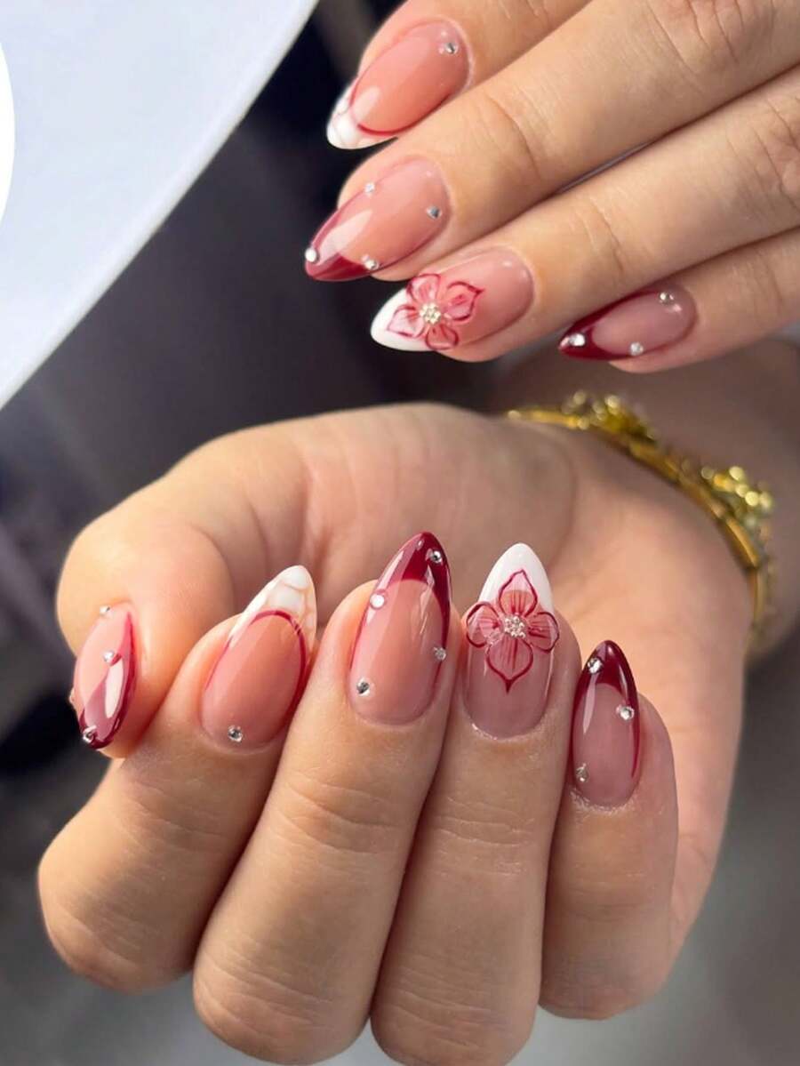 30片極簡紅白色對比法式優雅3D甜美花卉水鑽裝飾短杏仁形穿戴式假指甲，附1片果凍膠與1片指甲銼刀，適合女性與女孩日常工作、假期約會、派對聚會及其他場合 - 彩色 - 查看 1