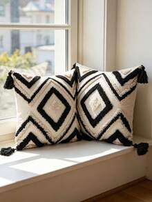 1pc Black Rhombus Pattern Pillowcase, Bohemian Style Embroidered Four-Corner Tassel Fringe Craft, Nordic Daily Room Bed Head Decor Cushion, Living Room Office Sofa Cushion Cover, Outdoor Garden Patio Fabric Decor Pillowcase, Holiday Party Decor Pillowcase, Lounge Chair Cushion, All Seasons Universal, Without Insert, 30*50 45*45cm - Black and White - View 9