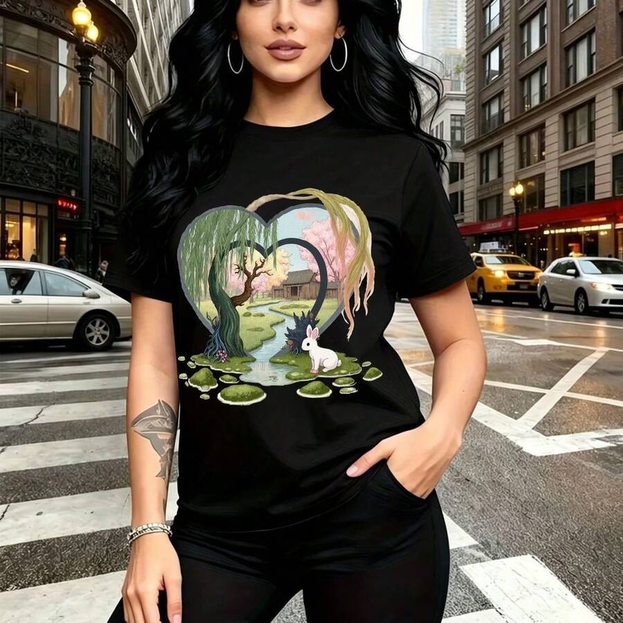 Camiseta de mujer con estampado artístico de corazón con gato blanco en nenúfares y árbol estilizado - camiseta corta de manga corta con ajuste cómodo y diseño whimsical, estilo urbano casual para la ciudad - ideal para paseos por la calle, reuniones - Negro - Ver 1