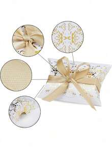 10pcs/Set Gold & Silver Foil Floral Pattern Gift Boxes, Ribbon Bow Decor Wedding Pillow Boxes, Birthday Party Packaging Boxes - 10pcs - View 7