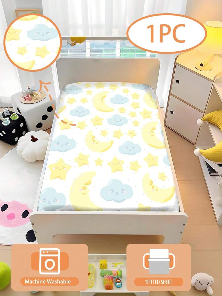 1件 110g 卡通月亮星星拼接 3D 印花嬰兒床單,適用於兒童房、幼兒床、育嬰室、嬰兒床與嬰兒推車,100% 聚酯纖維(無填充) - 彩色 - 查看 1