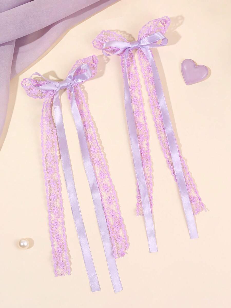 2件組女士紫色花卉蕾絲髮夾,附緞帶蝴蝶結長尾,優雅婚禮髮飾,母親節節日禮物 - 紫色 - 查看 1