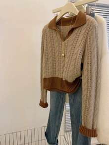 Women's Stylish Knitted Pullover Sweater With Long Sleeves, Perfect For Autumn And Winter Casual Wear - Brown - View 10