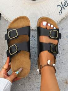 Sandal Datar Kasual Retro Serbaguna untuk Remaja dengan Ujung Bulat dan Tali Ganda yang Dapat Diatur, Nyaman untuk Dipakai di Dalam dan Luar Ruangan - Hitam - View 6