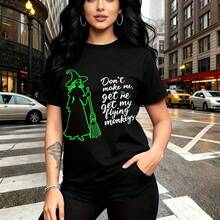 Camiseta de mujer con estampado de bruja en neón verde y frase divertida "Don't make me, get me my flying monkeys" - camiseta casual de manga corta con ajuste cómodo y estilo urbano alternativo - ideal para Halloween 2024, salidas casuales, fiestas t - Negro - Ver 10
