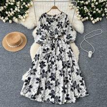 2026Vestido largo plisado con estampado Floral para mujer, traje elegante bohemio con cuello en V, manga abombada y cinturón, Verano - BLANCO - Ver 1