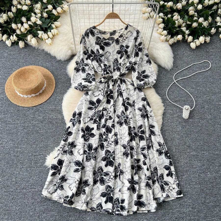 2026Vestido largo plisado con estampado Floral para mujer, traje elegante bohemio con cuello en V, manga abombada y cinturón, Verano - BLANCO - Ver 1