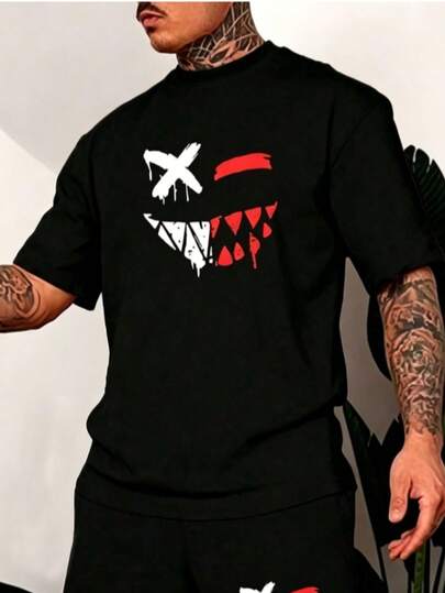 1pcs Men's Summer Regular Fit Short T-Shirt ,Personalized Face   Print Pattern Suitable For Husband/Boyfriend Gift, Street, Commute, Outdoor Activities, Vacation, For Halloween,Designed For Everyday Comfort | T-Shirt | Summer Top | Wardrobe Essential | High Quality | Solid-Color T-Shirt | Printed T-Shirt ,Black Top