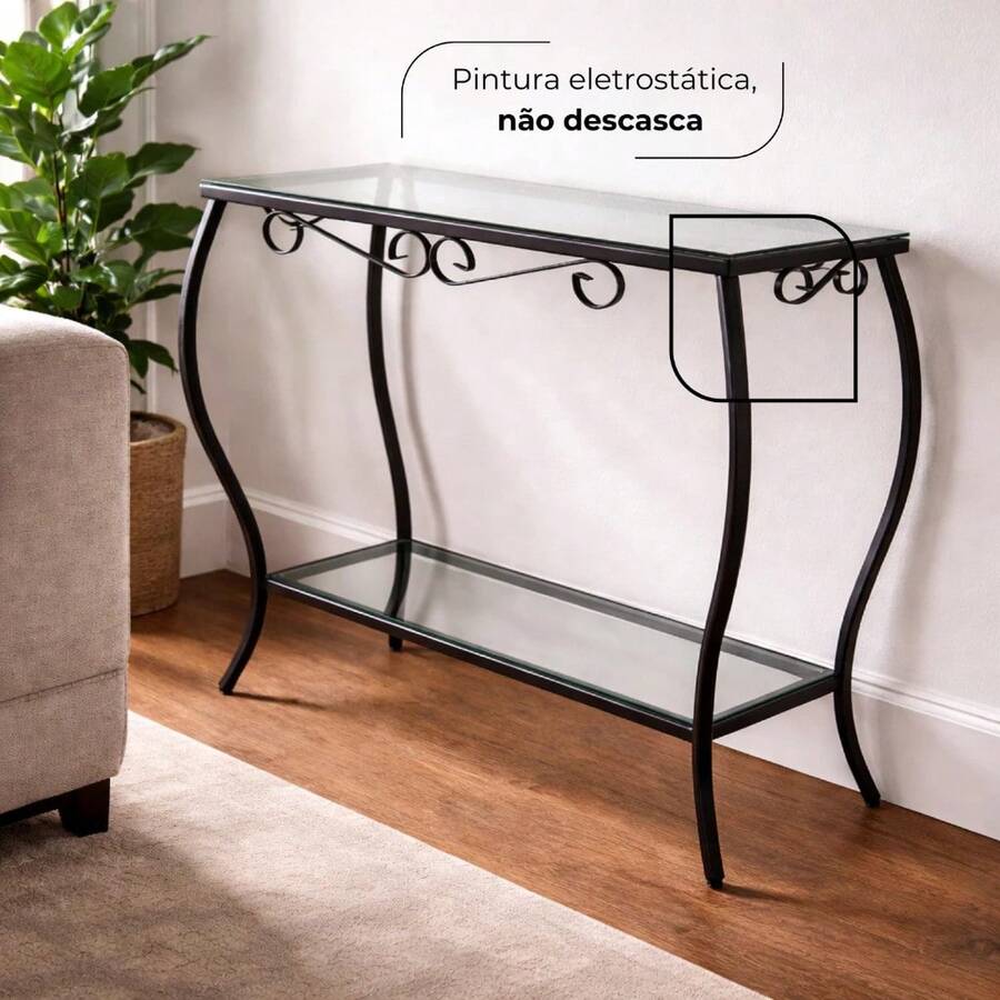 Aparador 60x25 Decorativo Ferro e Vidro Duplo Cantinho do Café Sala Decoração Móveis Hall Entrada - Preto - Visão 1
