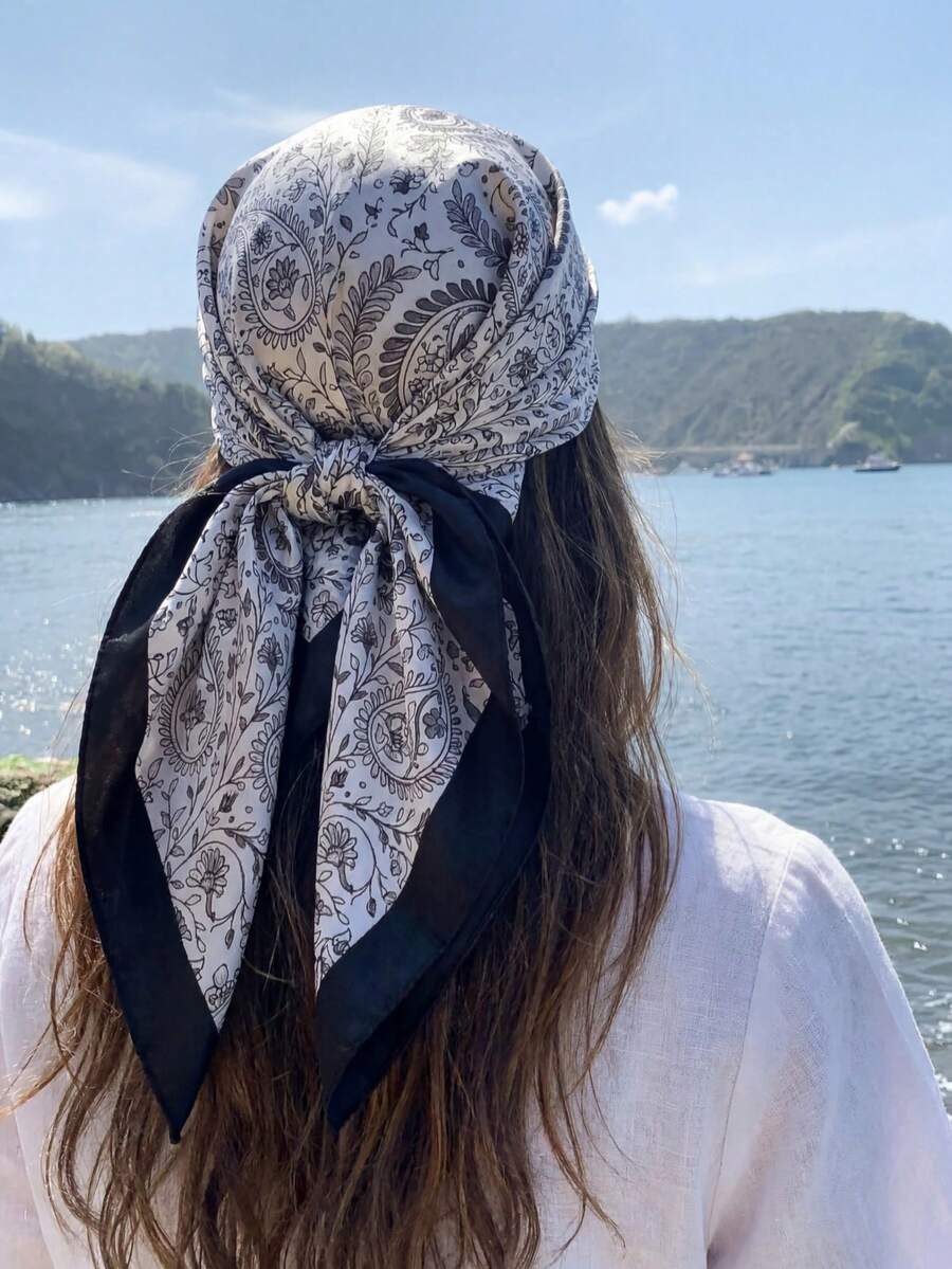 佩斯利黑白佩斯利緞面正方形圍巾 90*90cm (35.4*35.4in) 女款復古頭巾穆斯林頭巾 垂墜光滑 可作為頭巾/頸巾/髮巾 夏季日常通勤度假 多功能風格 度假必備 - 黑色 - 查看 1