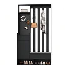 Mobile da ingresso con panca contenitore imbottita, scarpiera multifunzionale con pannello forato, mobile moderno con 4 ganci per ingresso o lavanderia, bianco, H 180/L 100/P 35 cm - nero - Visualizzare 1