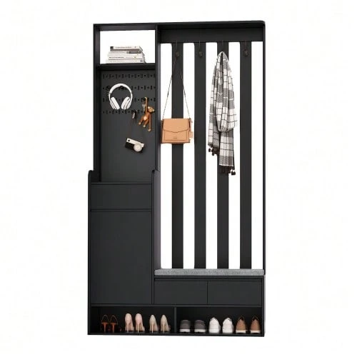 Mobile da ingresso con panca contenitore imbottita, scarpiera multifunzionale con pannello forato, mobile moderno con 4 ganci per ingresso o lavanderia, bianco, H 180/L 100/P 35 cm - nero - Visualizzare 1