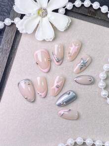 10 Pieces Handmade Press On Nail,Summer Nails,Cute Nails,False Nails,Almond Nails,Y2k Nails,Pink Nails, With Pink & Silver Metallic Accents, 3D Star Decals, And Silver Stud Details ,Perfect For Daily Wear, Parties, And Special Occasions. - Pink - View 3