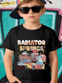 Disney Cars Lightning Mcqueen No. 95 Summer Cool Cartoon Graphic With English Lettering Casual Sports Outdoor Multi-Functional Short Sleeve T-Shirt, Stylish And  Boys' Clothing Suitable For Boys Aged 12 And Under For Daily Home, School - 黑色 - 查看 1