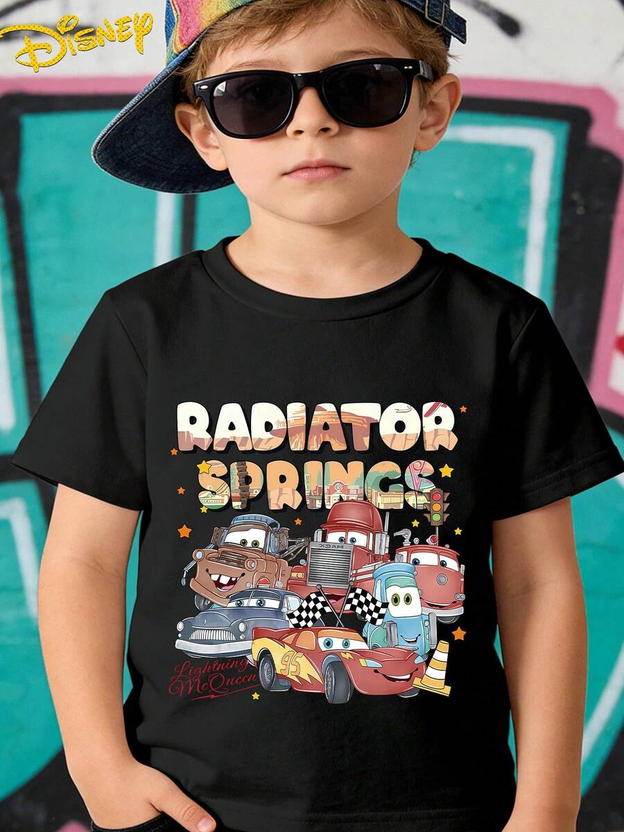 Disney Cars Lightning Mcqueen No. 95 Summer Cool Cartoon Graphic With English Lettering Casual Sports Outdoor Multi-Functional Short Sleeve T-Shirt, Stylish And  Boys' Clothing Suitable For Boys Aged 12 And Under For Daily Home, School - 黑色 - 查看 1