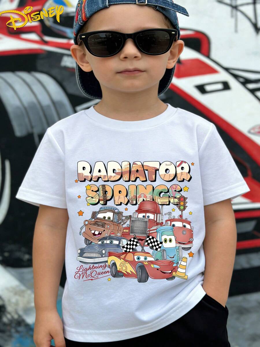 Disney Cars Lightning Mcqueen No. 95 Summer Cool Cartoon Graphic With English Lettering Casual Sports Outdoor Multi-Functional Short Sleeve T-Shirt, Stylish And Boys' Clothing Suitable For Boys Aged 12 And Under For Daily Home, School - White - View 1