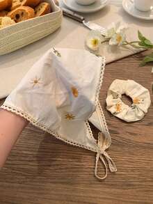 3pcs French Country Style Daisy Embroidered Headband, Hair Tie And Square Scarf Set, Lace Trim Triangle Scarf, Summer Bohemian Style Hair Accessories, Versatile For Daily And Vacation Use Beach Bandanas Vacay Scarf - Multicolor - View 6