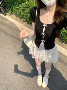 女款蕾絲拼接 2 合 1 短袖 T 恤 黑色 夏季 - 黑色 - 查看 5