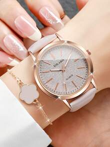 2pcs/Set Women's Fashion Minimalist Scale Dial Quartz Wrist Watch + Heart Charm Bracelet, No Watch Box Included - Grey - View 2