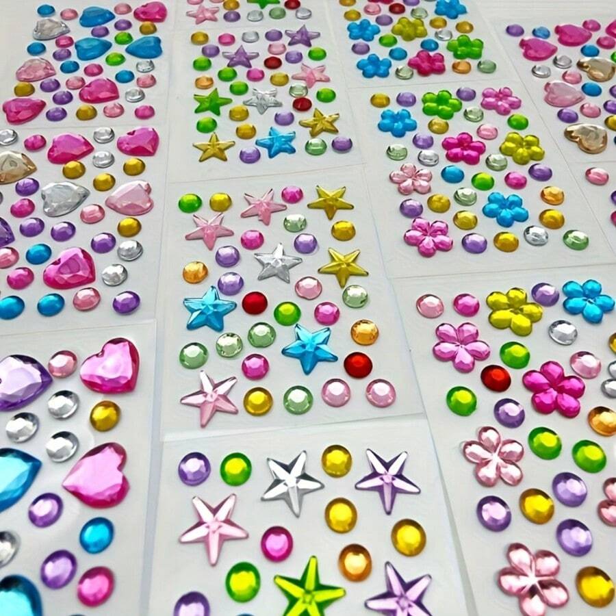 12pcs Mini Rhinestone Gem Stickers - Random Style Self-Adhesive Multicolor Mixed Shapes (Heart, Star, Flower) Suitable For DIY Crafts, Nail Art, Face And Body Decoration - Shiny Acrylic Rhinestones For Jewelry Making, Hair Accessories, Home Craft Materials, Craft Rhinestones - A - View 1