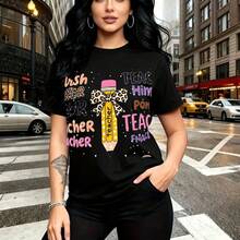 Camiseta de mujer con estampado de profesora estilo urbano con lápiz y texto multicolor "TEACH" - diseño divertido y creativo para el día del maestro, ajuste casual y cómodo, perfecta para la escuela, reuniones docentes o salidas cotidianas - regalo - Negro - Ver 10