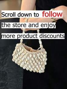 Sac à main crocheté recouvert de coquillages, léger et respirant, design unique et inspiré du style bohème. Facile à assortir avec des robes d'été, des tenues en lin et des tenues de soirée. Parfait pour les brunchs, les événements en plein air et les sorties en vacances. - Blanc - Voir 2