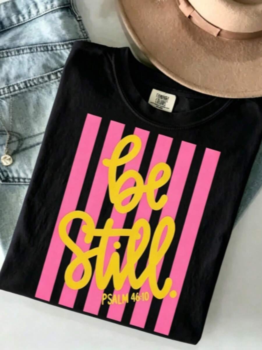 [100% Cotton] Be Still Shirt - Love Like Jesus Girly Pink Stripes T-Shirt Coquette Aesthetic Faith Spring Tee Unisex Women's & Men's Campus Daily Wear - 黑色 - 查看 1