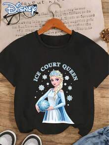 Disney Licensed Frozen Elsa Basketball Queen Black Crew Neck Tee, Breathable Short Sleeve As Valentine Gift For Friends & Couples, Daily Fan Wear - Black - View 2