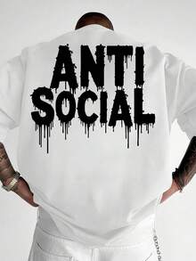 Camisetas, Camiseta Gráfica Anti-Social para Hombre - una Camiseta Atrevida con Letras Blancas Desgastadas - Camisa Casual de Poliéster Suave Adecuada Tanto para Uso Diario como Formal - Camiseta de Moda Urbana Vanguardista para Fiestas y Salidas - Negra con Anti-Social en Blanco - Blanco - Ver 2