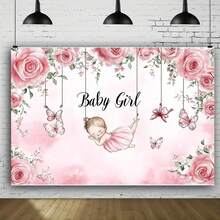 1件粉色女嬰派對背景布 2D攝影背景，含玫瑰、蝴蝶與「Baby Girl」文字，聚酯纖維材質，無需電源，適合嬰兒洗禮、生日、週年紀念 - 11 - 查看 2