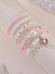 Set de 5 piezas de pulseras para niñas con perlas, cuentas y adornos de conchas y estrellas de mar, combinación adecuada para decoración diaria - Multicolor - Ver 2