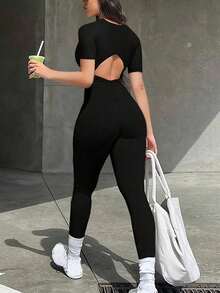 Women Summer Fall Casual Seamless Knit Solid Color Sports Outdoor Tight Romper Front Zipper Sleeveless Unitard Jumpsuit - Black - View 1