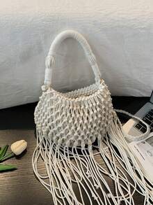 Kleine gewebte Umhängetasche, einzigartige Strandschultertasche, modische Kuvert-Tasche, vielseitige Ins Umhängetasche für den Strandurlaub - Weiss - Übersicht 8
