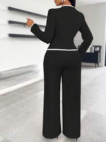 AIJ Women's Autumn/Winter Asymmetric Hem Single-Breasted Contrast Trim Blazer & Trousers Set, With Pocket Details, Suitable For Office Commute - Ink - View 2