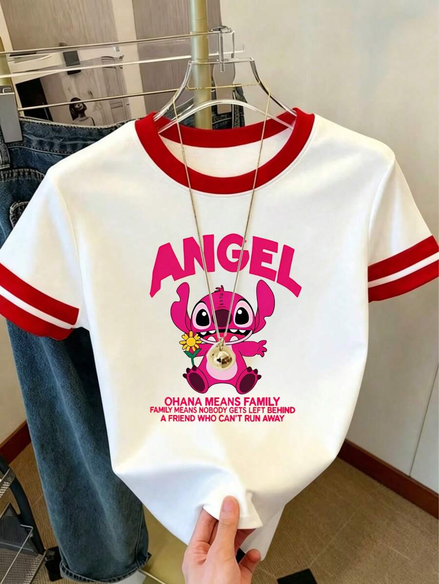 Officially Licensed Disney Women's Y2K-Style Color-Block Short-Sleeve Crewneck T-Shirt - A Breathable, Casual Top Featuring Disney's *Lilo & Stitch* "Angel" And "Ohana" Quote (Ringer Style); The Ideal Choice For Everyday Wear. - trắng - Xem 1