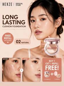 HEXZE [1pc Powder + 1pc Refill] Alas Bedak Concealer Cushion Pencerah Tahan Lama, Ringan, Antioksidan, Tahan Air, Melembapkan, Tekstur Warna Kulit Alami - 02 Alami - View 1