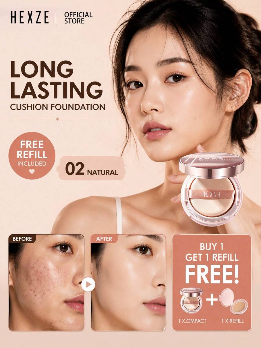 HEXZE [1pc Powder + 1pc Refill] Alas Bedak Concealer Cushion Pencerah Tahan Lama, Ringan, Antioksidan, Tahan Air, Melembapkan, Tekstur Warna Kulit Alami - 02 Alami - View 1