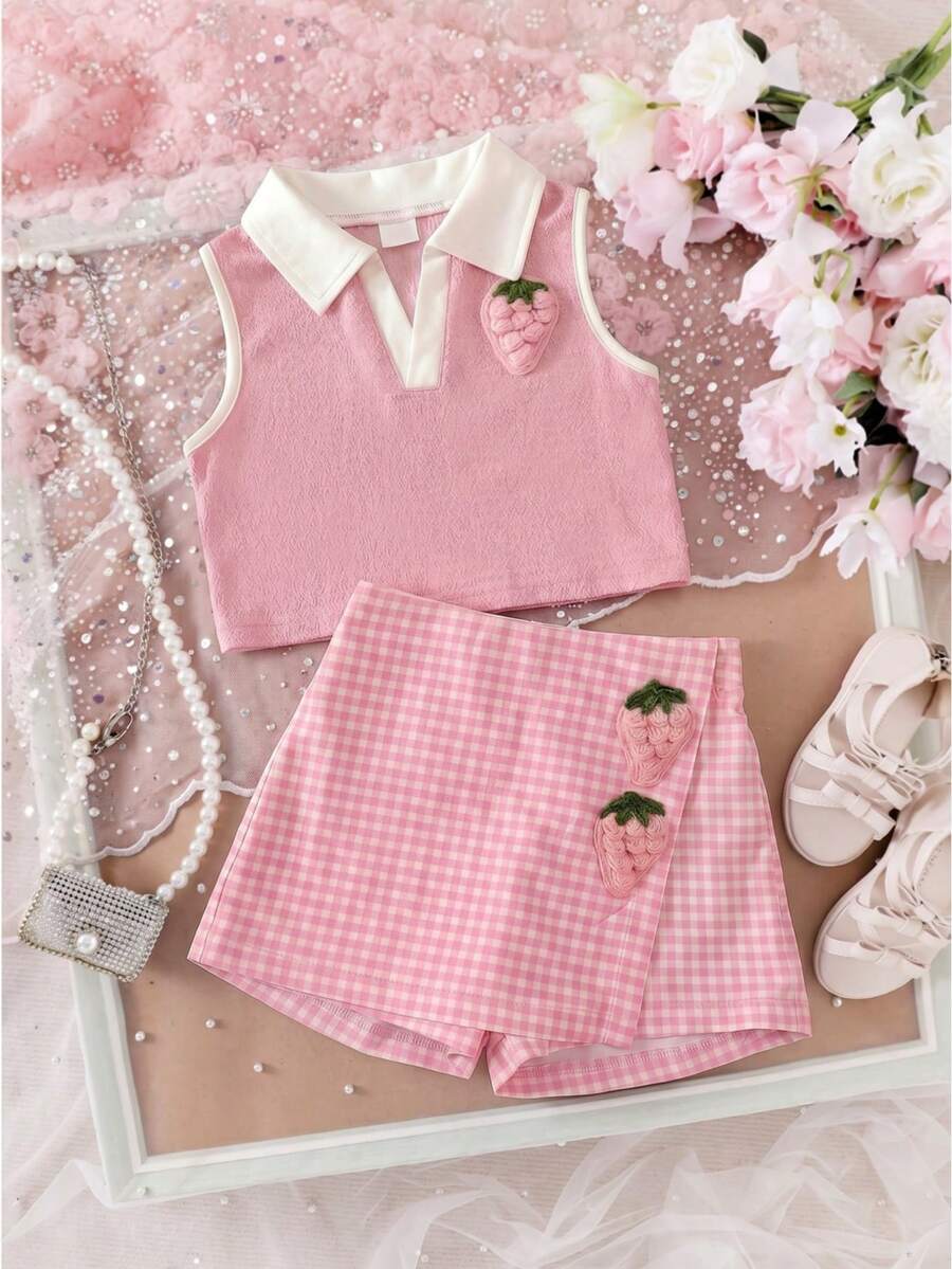 2pcs/Set Girls Sweet Energetic School Style Contrast Color Polo Collar Strawberry Decor Sleeveless Tank Top And Plaid Skirt Shorts Set, Thin Spring/Summer - Pink - View 1