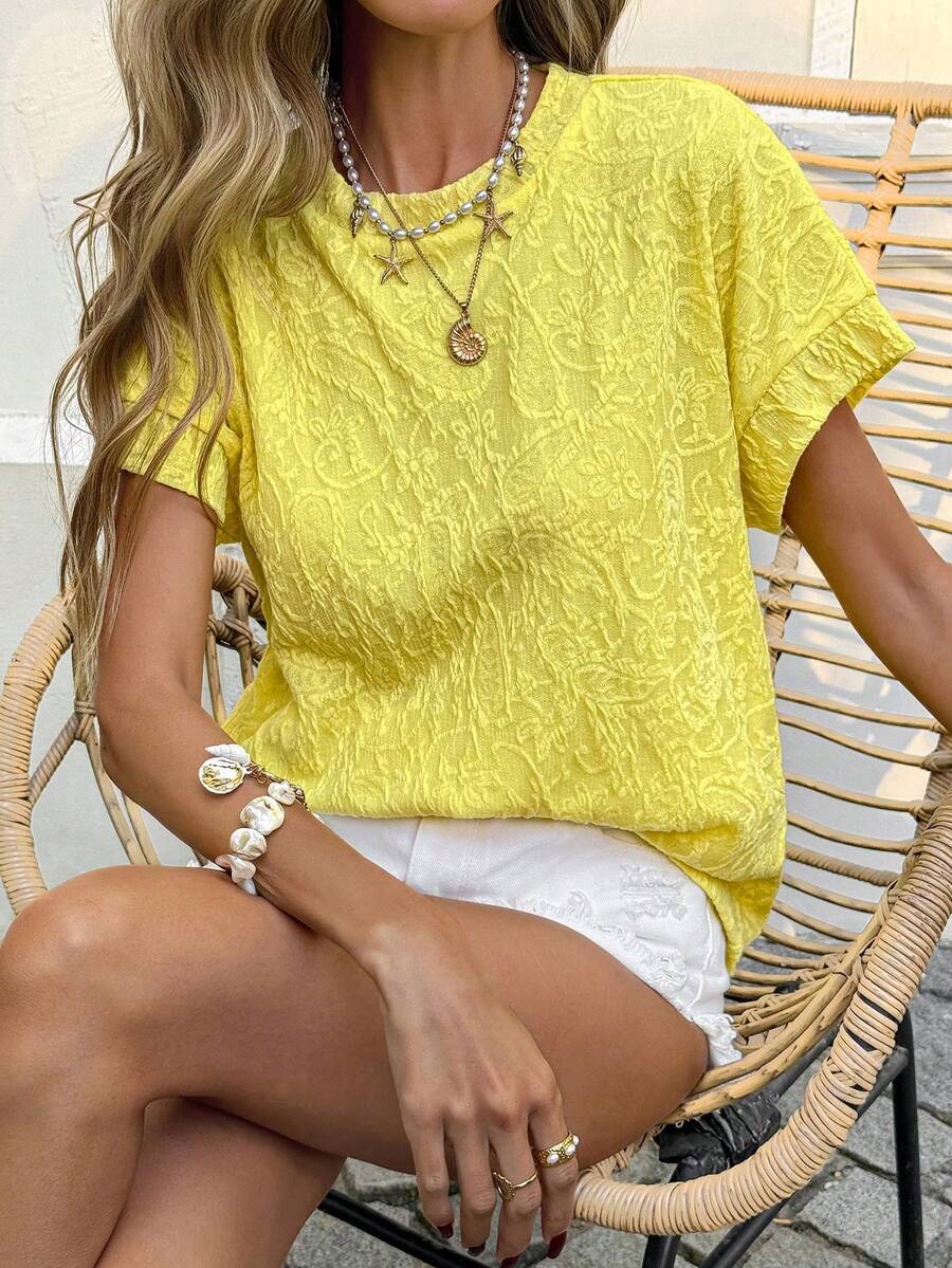 Camiseta casual cuello redondo con hombros caídos, tejido de textura de gofre a rayas, corte básico, elegante para uso casual y de vacaciones para mujeres - Amarillo - Ver 1