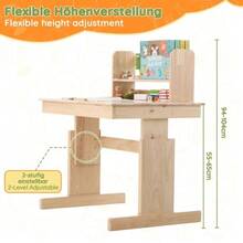 Children's Table, Multifunctional Desk In Solid Wood, Height Adjustable, Folding Top, Bookends, Certified To Meet Standards, For Children From 6 Years Old. - Natural Color - View 9