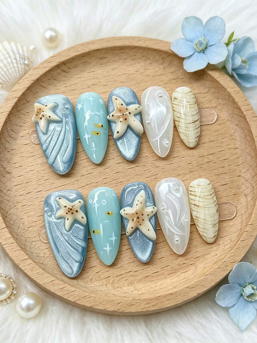 10片中號杏仁形手工穿戴甲,亮藍色貓眼夏季海洋美甲,附3D海星與貝殼裝飾,多巴胺甜美Y2K海灘風,可重複使用,易貼合,適合度假、婚禮、日常配戴 - 彩色 - 查看 1