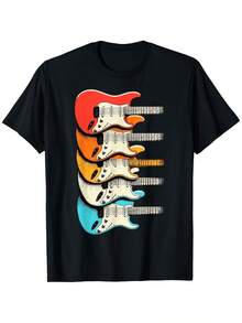 Vintage Rock Music T-Shirt With Stratocaster & Telecaster-Inspired Electric Guitars - 100% Cotton Oversized Unisex Tee (S-XXXL) - Retro 60s/70s Style Casual Wear For Men & Women, Music Fan Apparel, Iconic Guitar Color Block Design, Halloween, Mens Shirts, Halloween Men Clothes, Halloween Clothes For Women, Mens Graphic Tees, Halloween Funny Shirts, Halloween T Shirt, Mens Tshirt, Halloween T Shirt Men, Halloween Shirt, Mens Clothes, Halloween Tshirt, Halloween Men Shirt, - Black - View 1